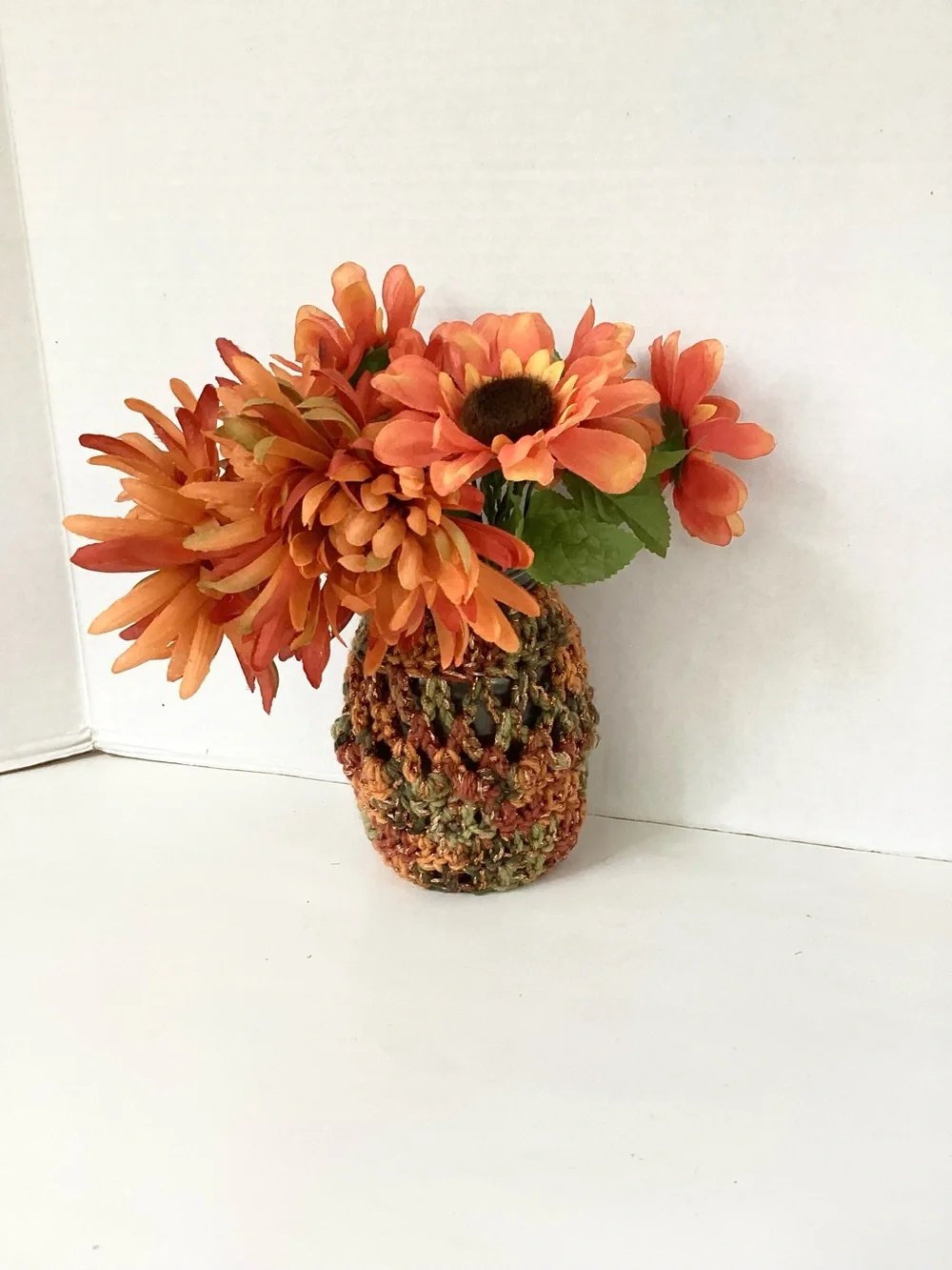 Vase Cover Jar Sleeve Hand Crafted Fall Floral Arrangement Orange Green Browns
